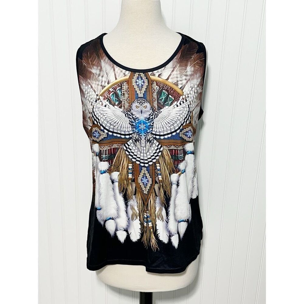 Women's Retro Ethnic Style Owl Scoopneck Sleeveless Tank Top Black Multi Large